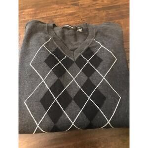 CLAIBORNE Sweater Mens Size XL Argyle V-Neck Gray Black 100% COTTON Pullover